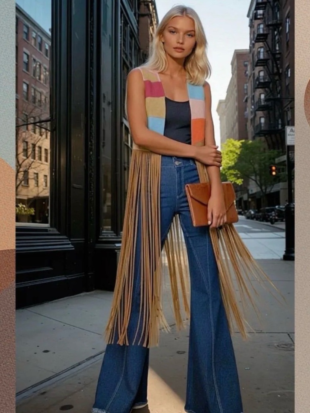 Western Fringe Maxi Vest Colorblock Faux Suede NWT | Wisteria Lane | S